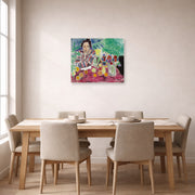 Unframed poster print of Henri Matisse's Striped Robe, Fruit and Anemones displayed on a dining room wall
