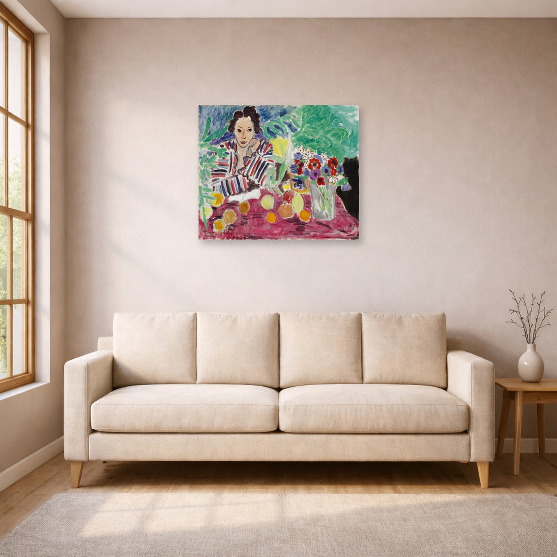 Unframed poster print of Henri Matisse's Striped Robe, Fruit and Anemones displayed in a living room, view 1
