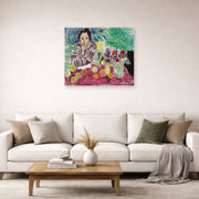 Unframed poster print of Henri Matisse's Striped Robe, Fruit and Anemones displayed in a living room, view 2