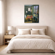 Gallery-wrapped canvas print of Henri Matisse's Studio, Quai Saint-michel hanging above a bed in a bedroom