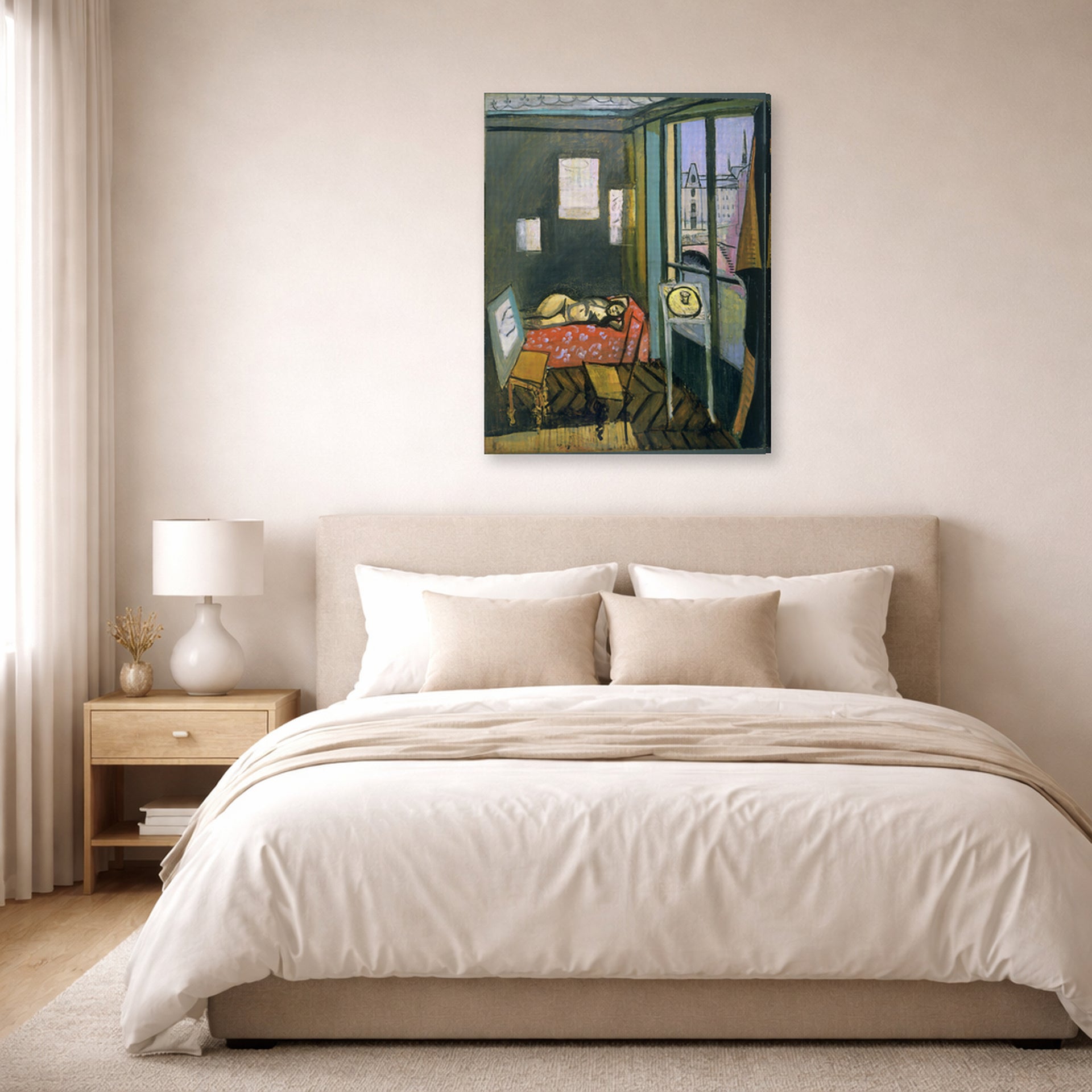 Gallery-wrapped canvas print of Henri Matisse's Studio, Quai Saint-michel hanging above a bed in a bedroom