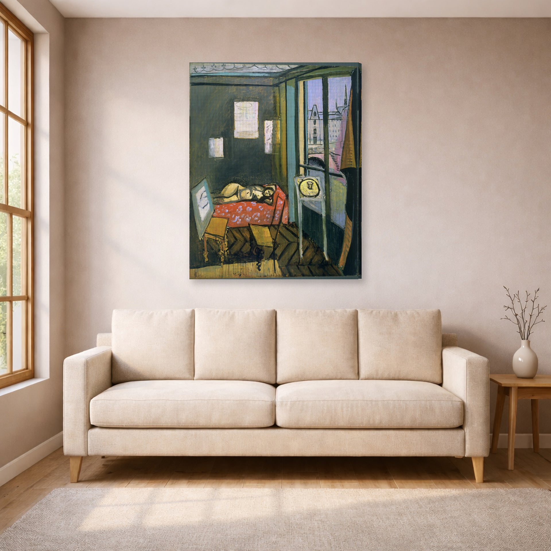 Gallery-wrapped canvas print of Henri Matisse's Studio, Quai Saint-michel hanging in a living room, view 1