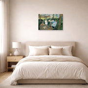 Gallery-wrapped canvas print of Henri Matisse's Tea in the Garden hanging above a bed in a bedroom