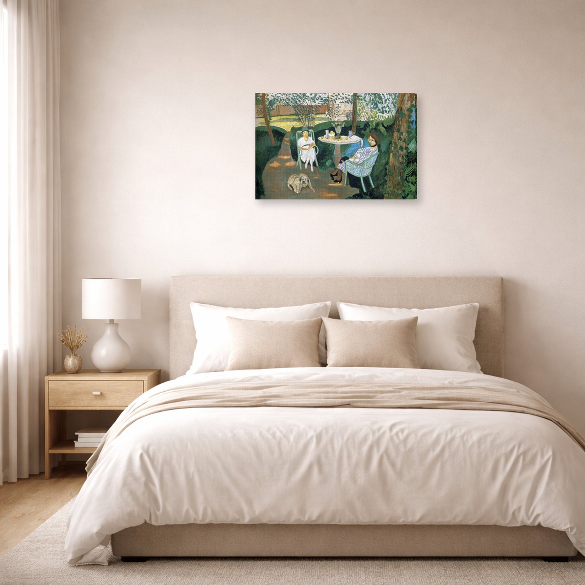 Gallery-wrapped canvas print of Henri Matisse's Tea in the Garden hanging above a bed in a bedroom