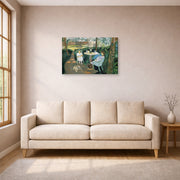 Gallery-wrapped canvas print of Henri Matisse's Tea in the Garden hanging in a living room, view 1