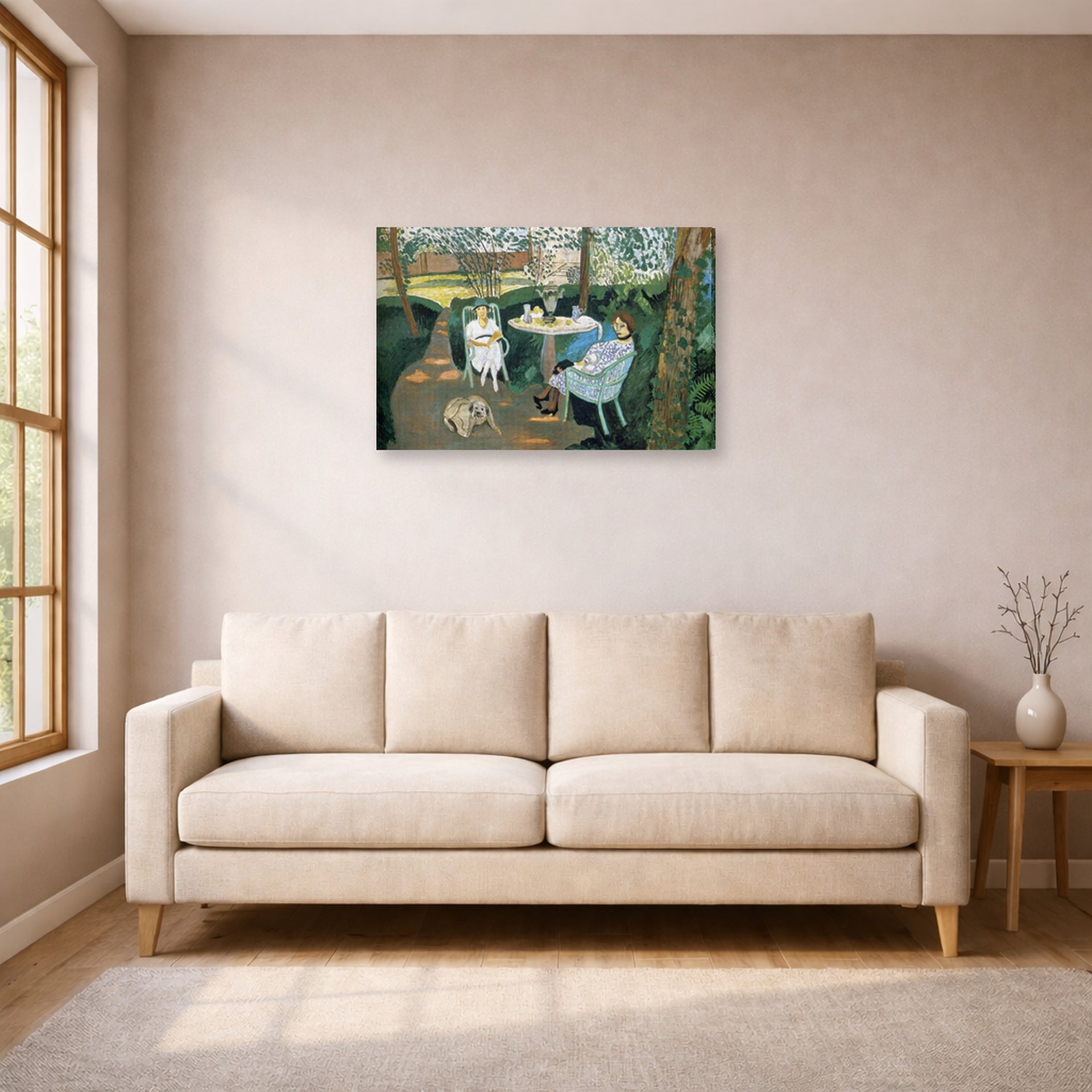 Gallery-wrapped canvas print of Henri Matisse's Tea in the Garden hanging in a living room, view 1