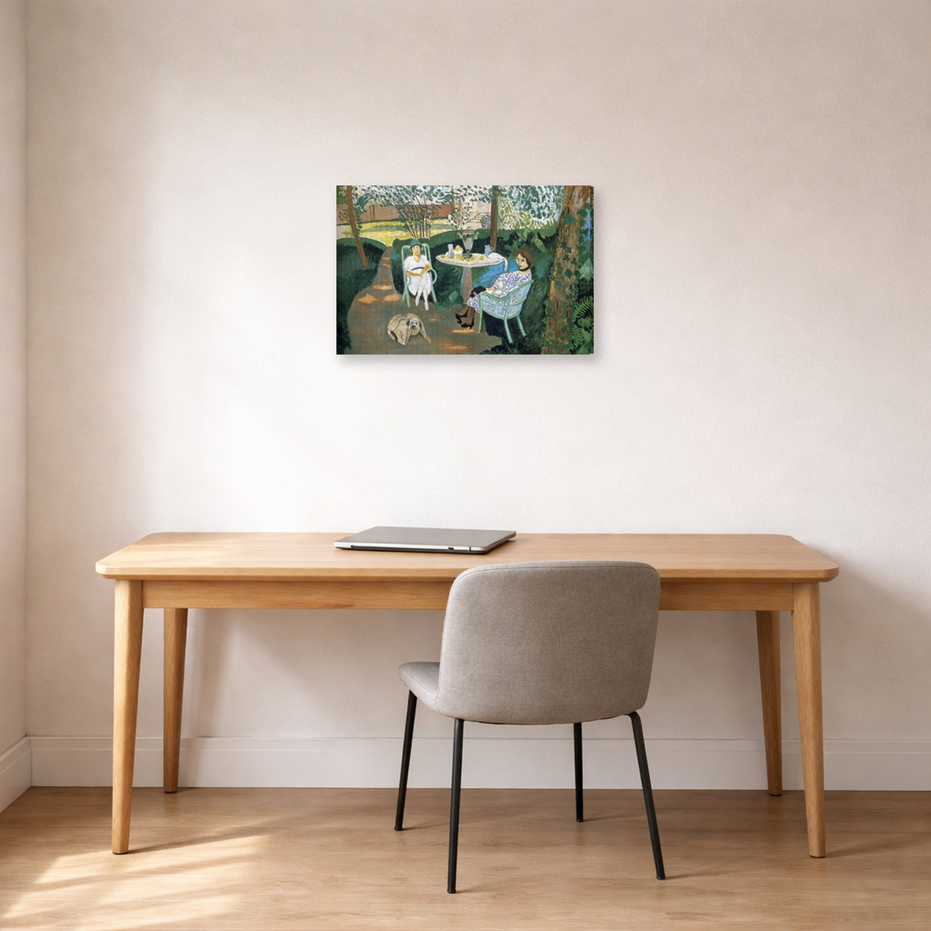 Gallery-wrapped canvas print of Henri Matisse's Tea in the Garden hanging in a home office
