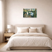 Unframed poster print of Henri Matisse's Tea in the Garden displayed above a bed in a bedroom
