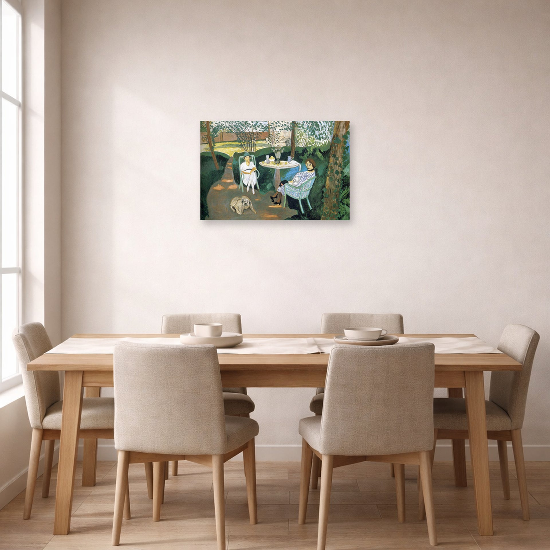 Unframed poster print of Henri Matisse's Tea in the Garden displayed on a dining room wall