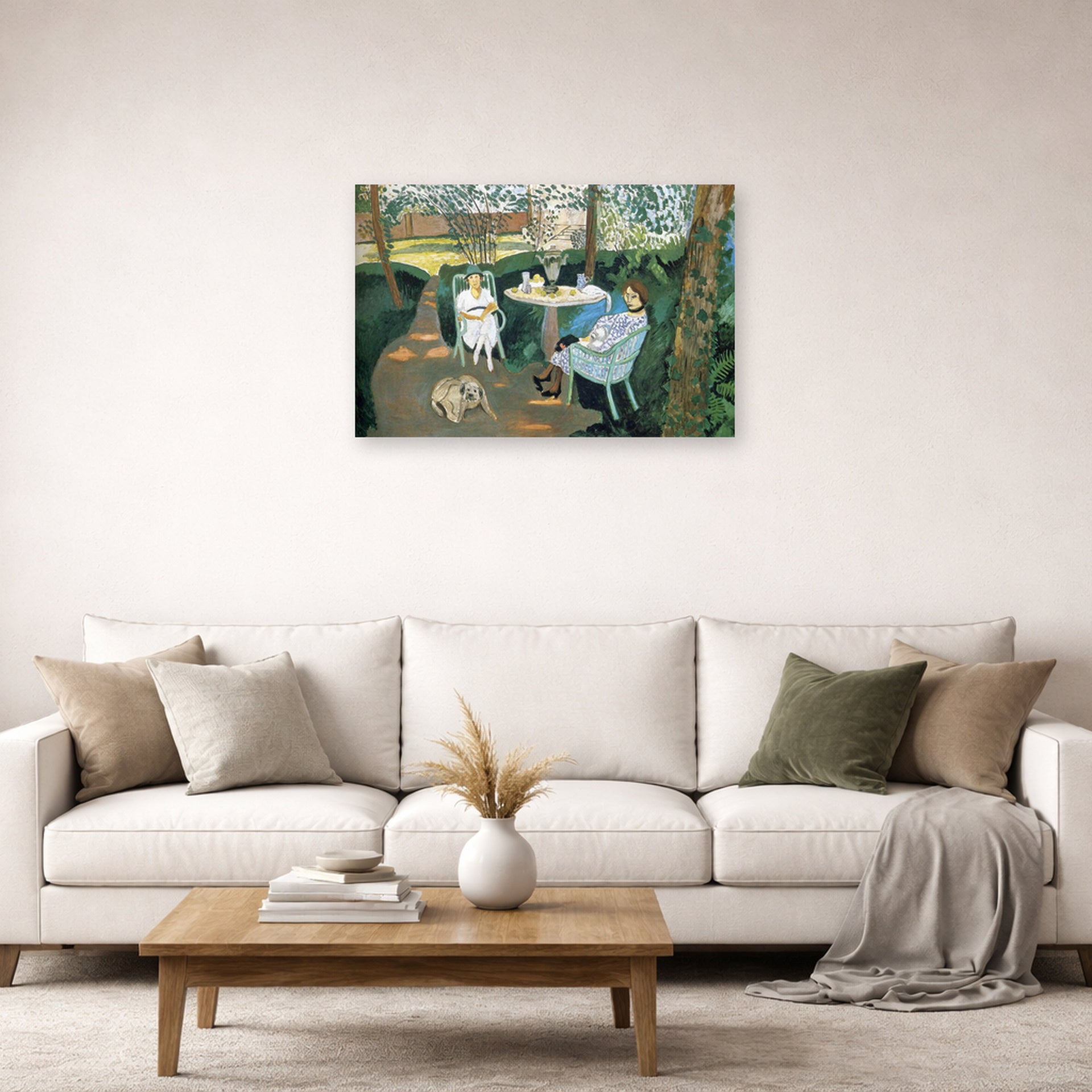 Unframed poster print of Henri Matisse's Tea in the Garden displayed in a living room, view 2