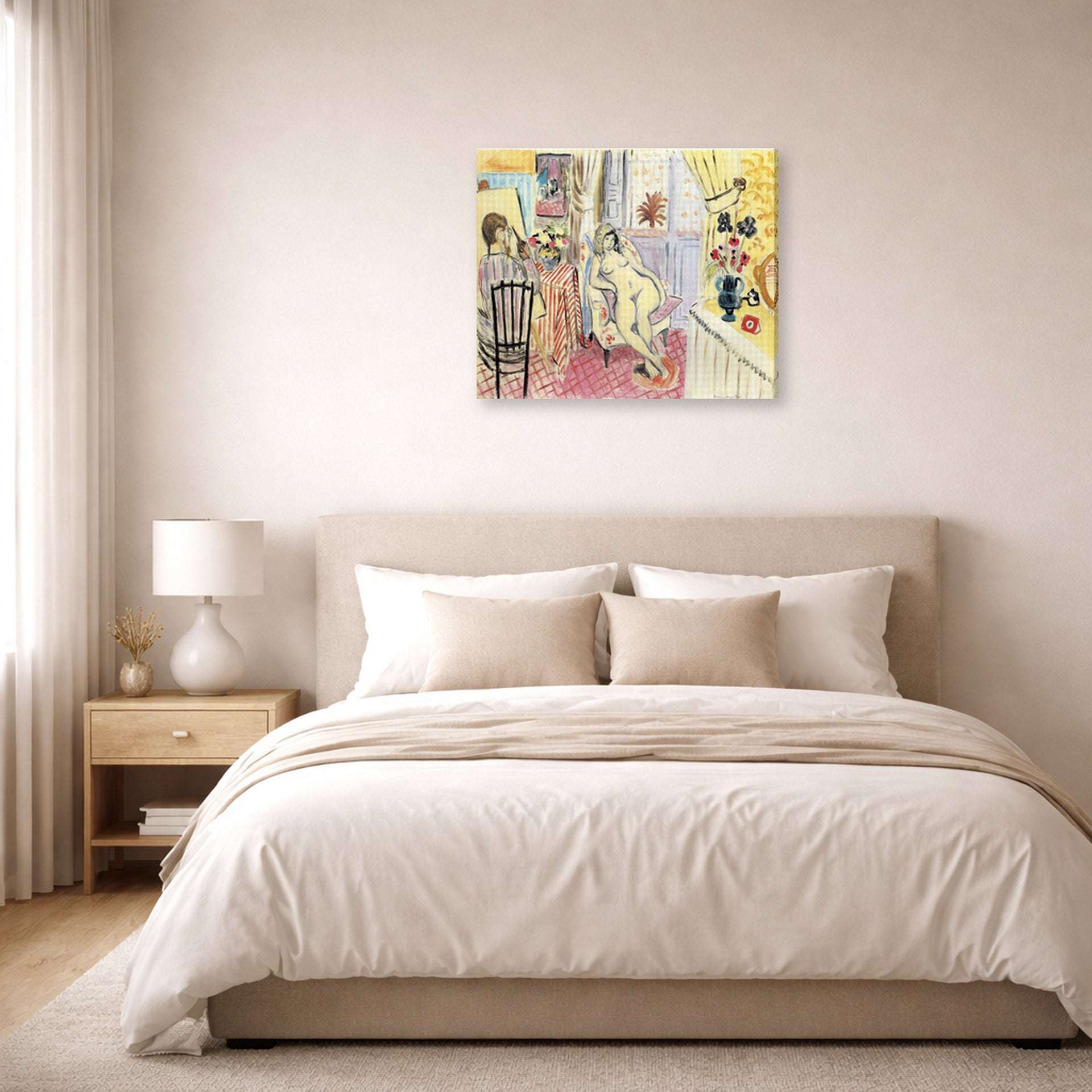 Gallery-wrapped canvas print of Henri Matisse's The Artist and His Model hanging above a bed in a bedroom