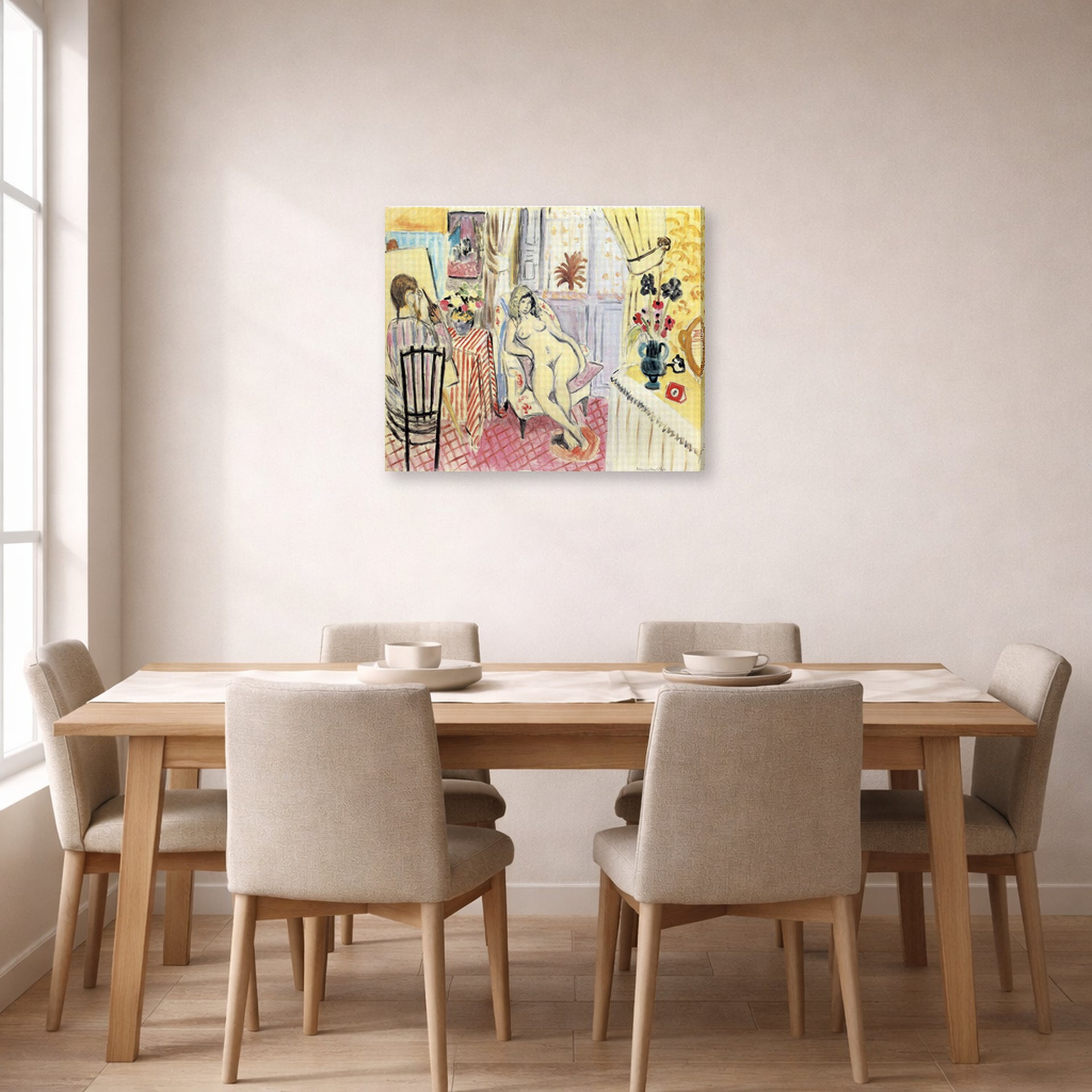 Gallery-wrapped canvas print of Henri Matisse's The Artist and His Model hanging on a dining room wall