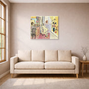 Gallery-wrapped canvas print of Henri Matisse's The Artist and His Model hanging in a living room, view 1