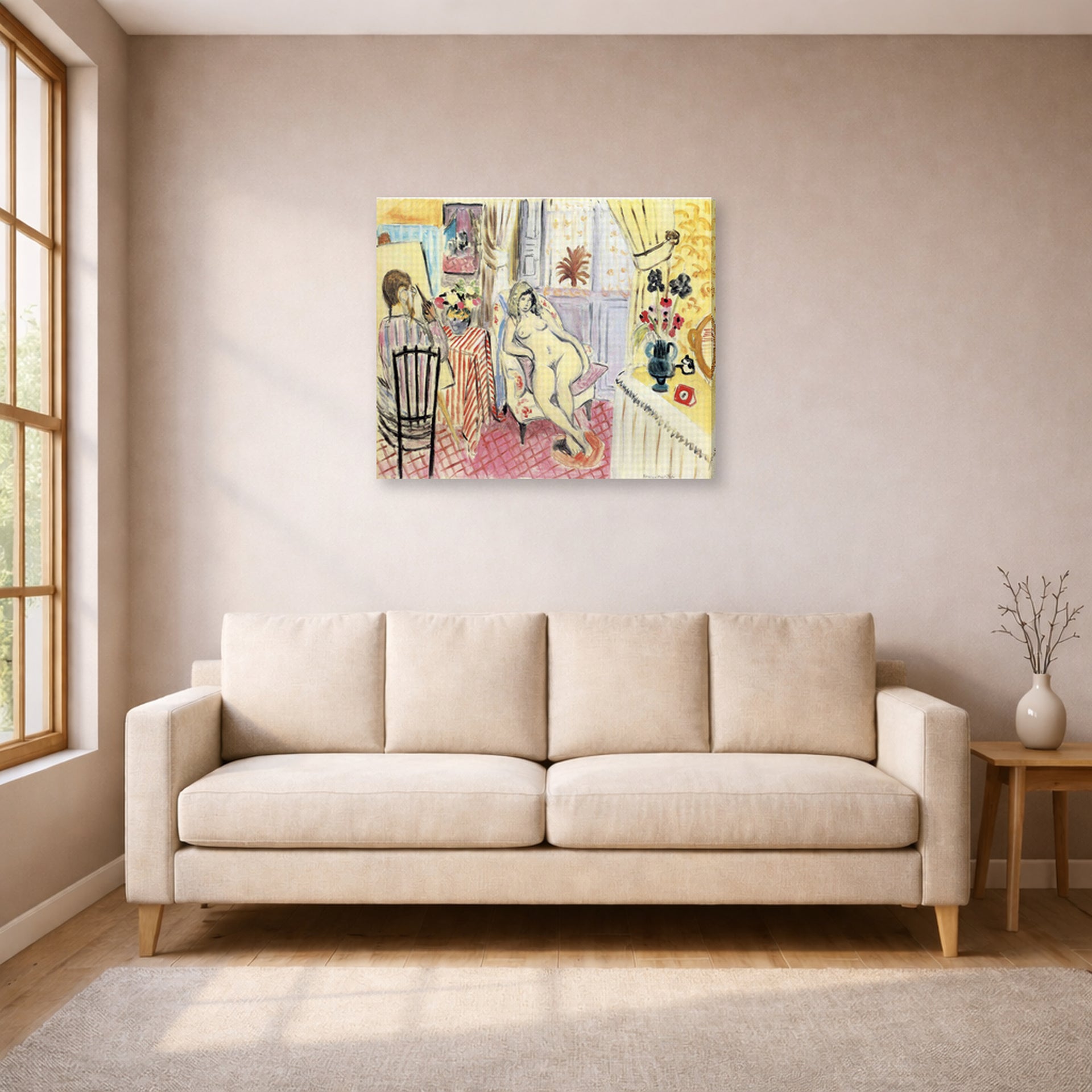 Gallery-wrapped canvas print of Henri Matisse's The Artist and His Model hanging in a living room, view 1