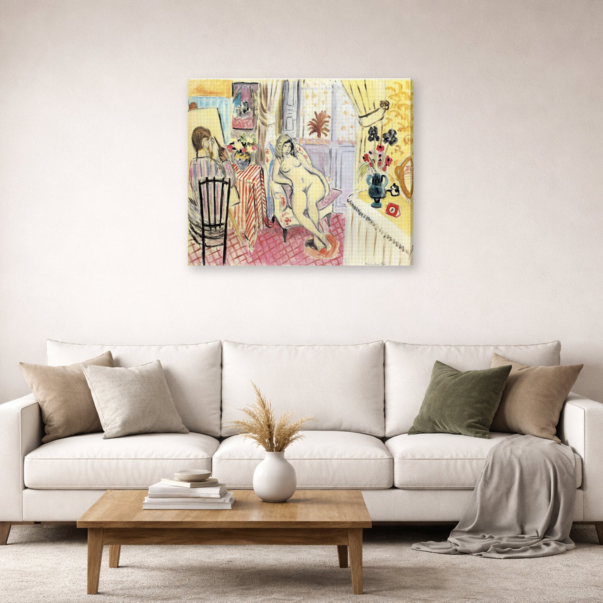 Gallery-wrapped canvas print of Henri Matisse's The Artist and His Model hanging in a living room, view 2