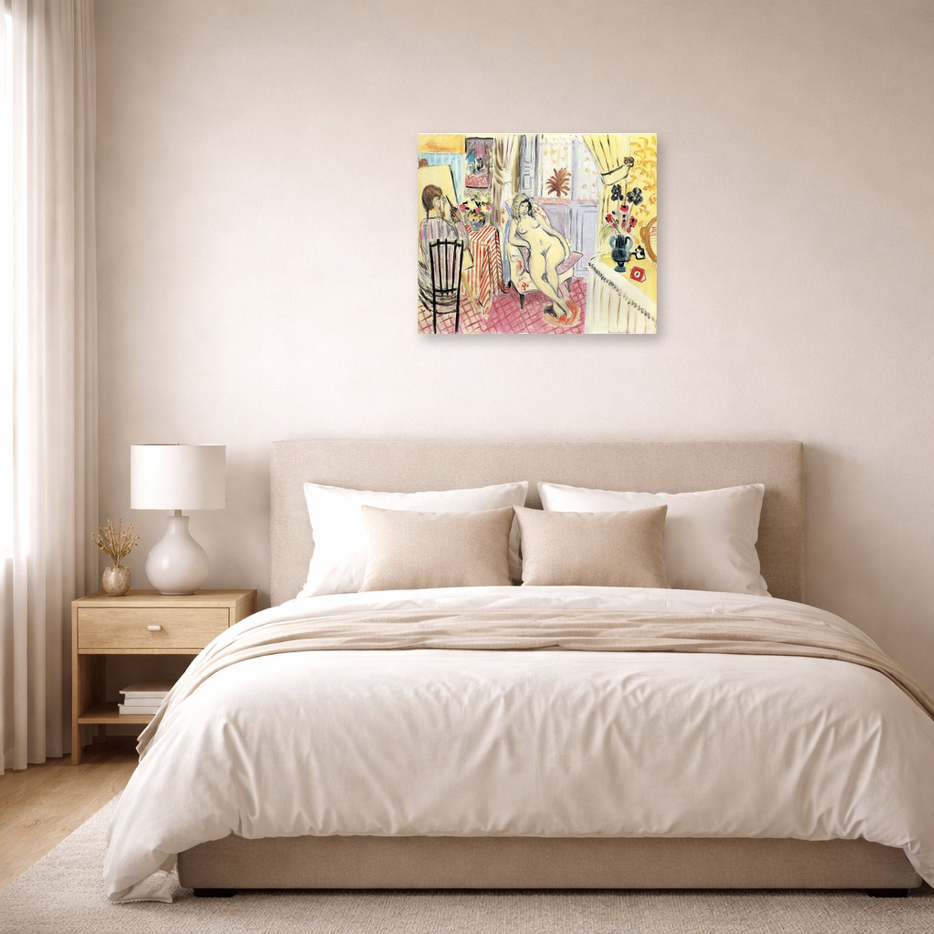Unframed poster print of Henri Matisse's The Artist and His Model displayed above a bed in a bedroom