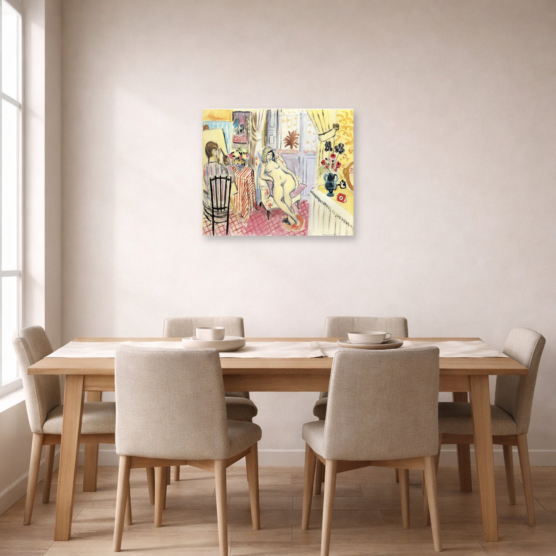 Unframed poster print of Henri Matisse's The Artist and His Model displayed on a dining room wall