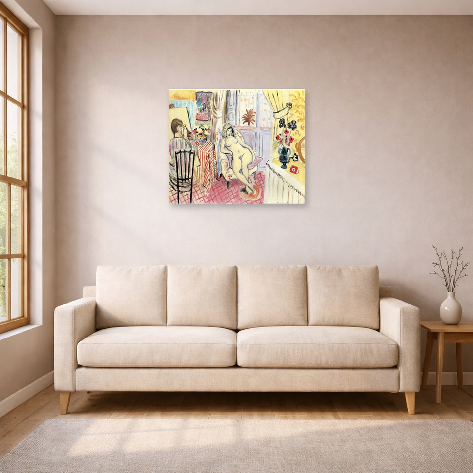 Unframed poster print of Henri Matisse's The Artist and His Model displayed in a living room, view 1