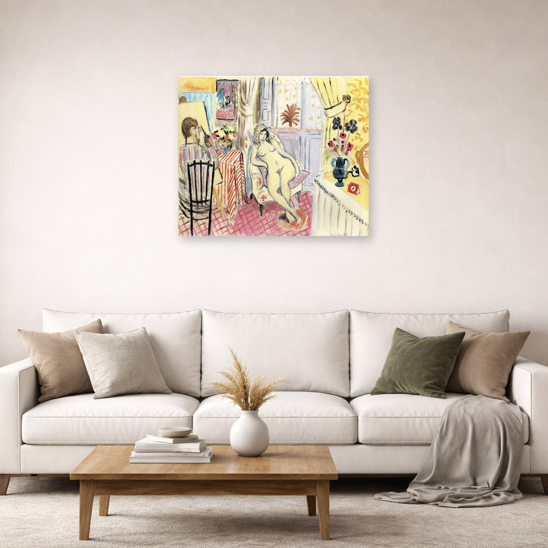 Unframed poster print of Henri Matisse's The Artist and His Model displayed in a living room, view 2
