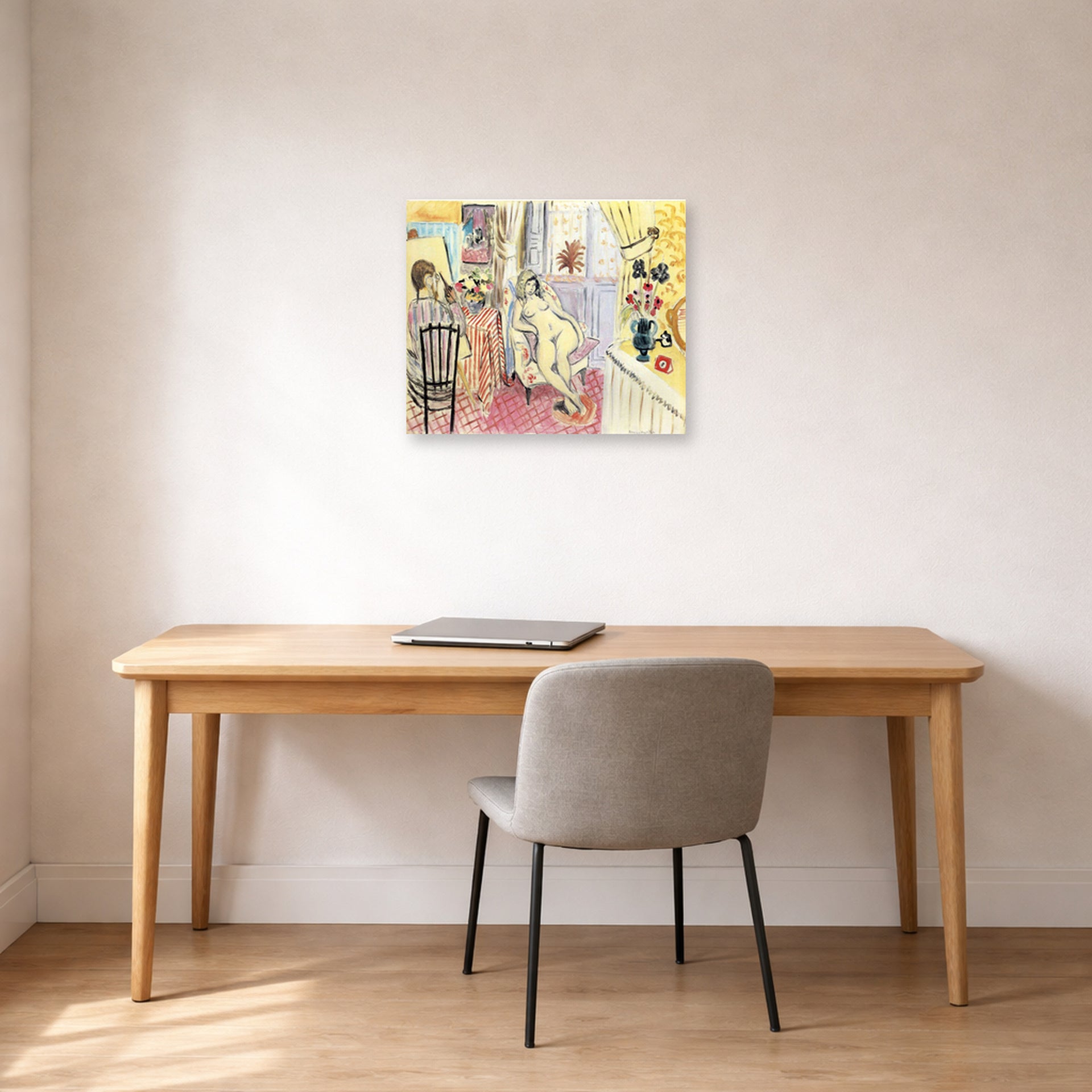 Unframed poster print of Henri Matisse's The Artist and His Model displayed in a home office