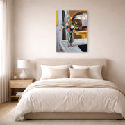 Gallery-wrapped canvas print of Henri Matisse's The Bed in the Mirror hanging above a bed in a bedroom