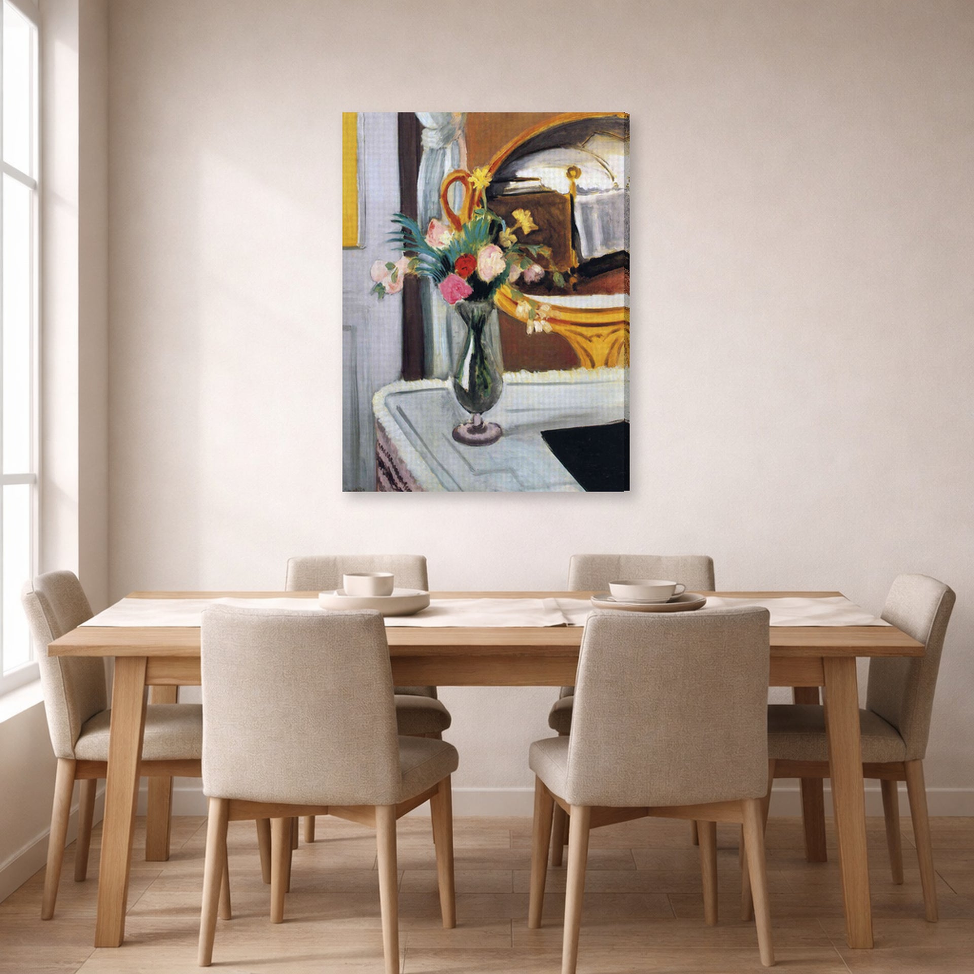 Gallery-wrapped canvas print of Henri Matisse's The Bed in the Mirror hanging on a dining room wall