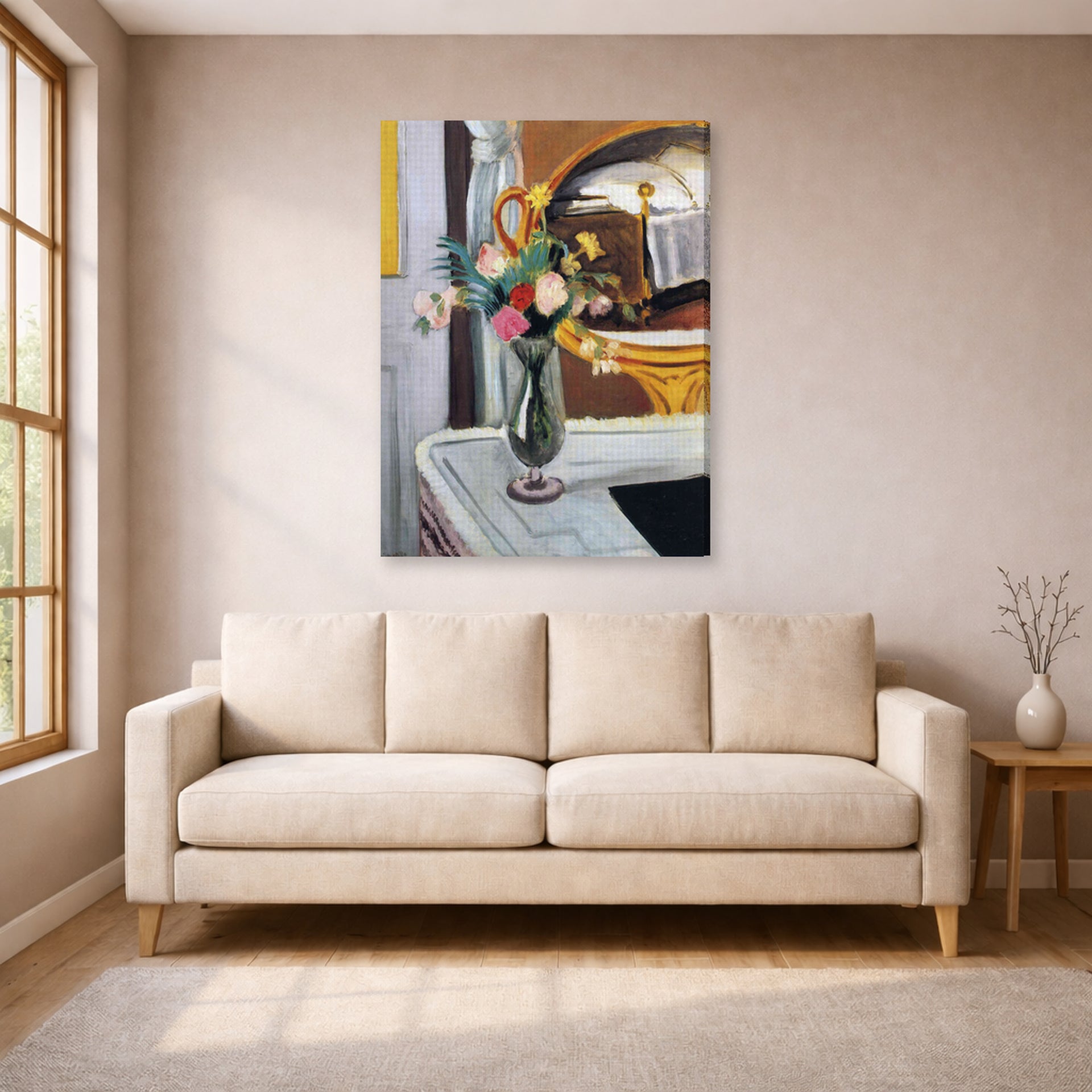 Gallery-wrapped canvas print of Henri Matisse's The Bed in the Mirror hanging in a living room, view 1
