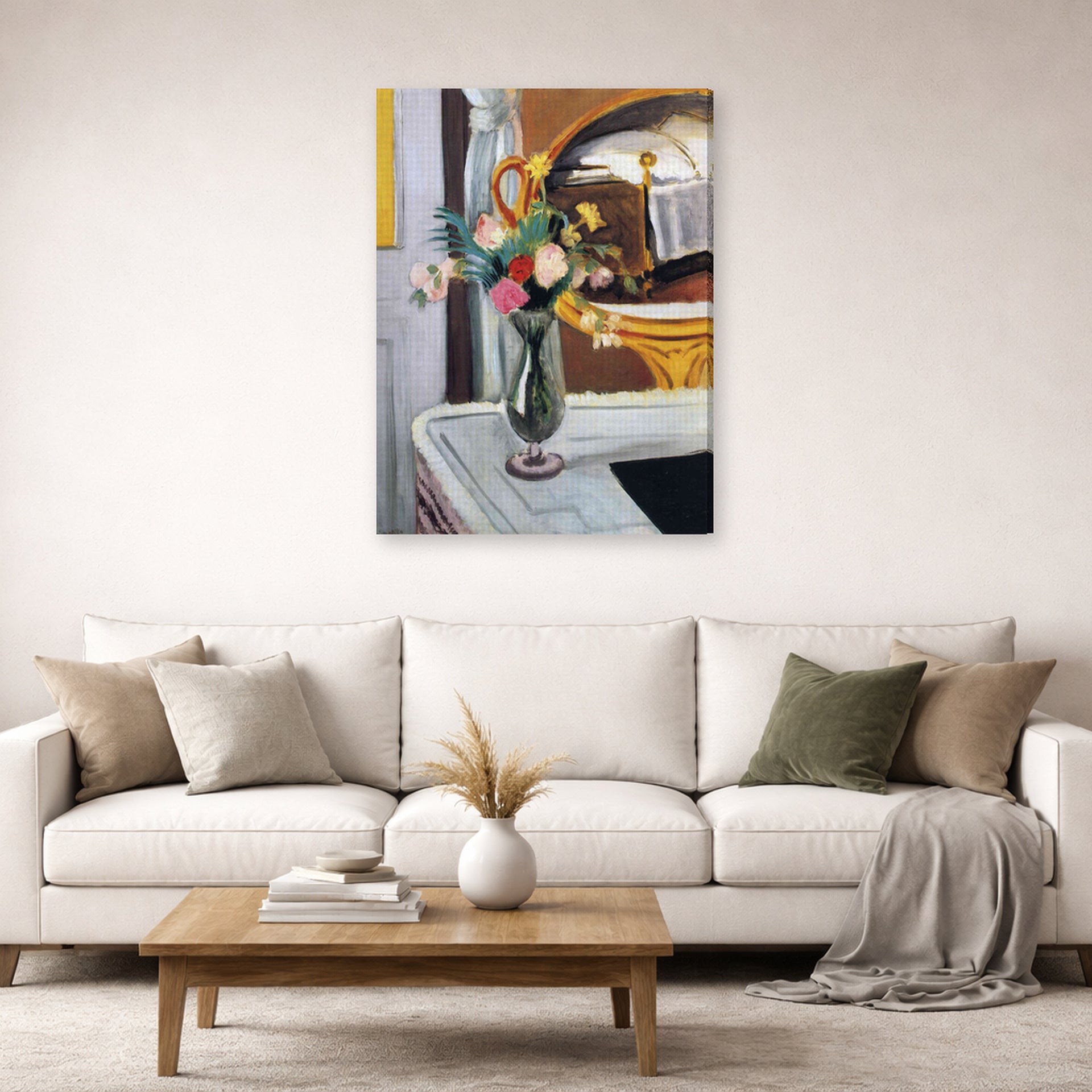 Gallery-wrapped canvas print of Henri Matisse's The Bed in the Mirror hanging in a living room, view 2