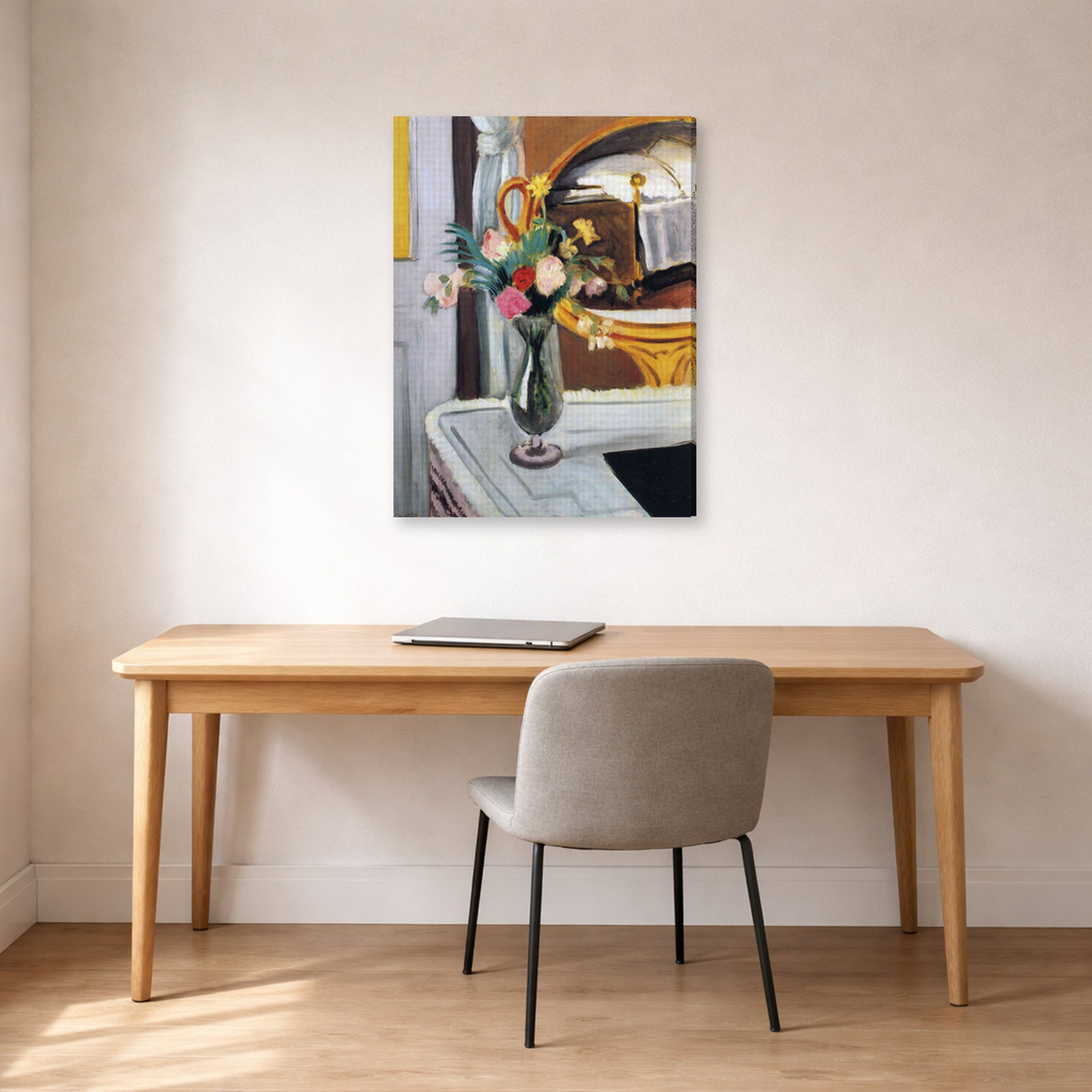 Gallery-wrapped canvas print of Henri Matisse's The Bed in the Mirror hanging in a home office