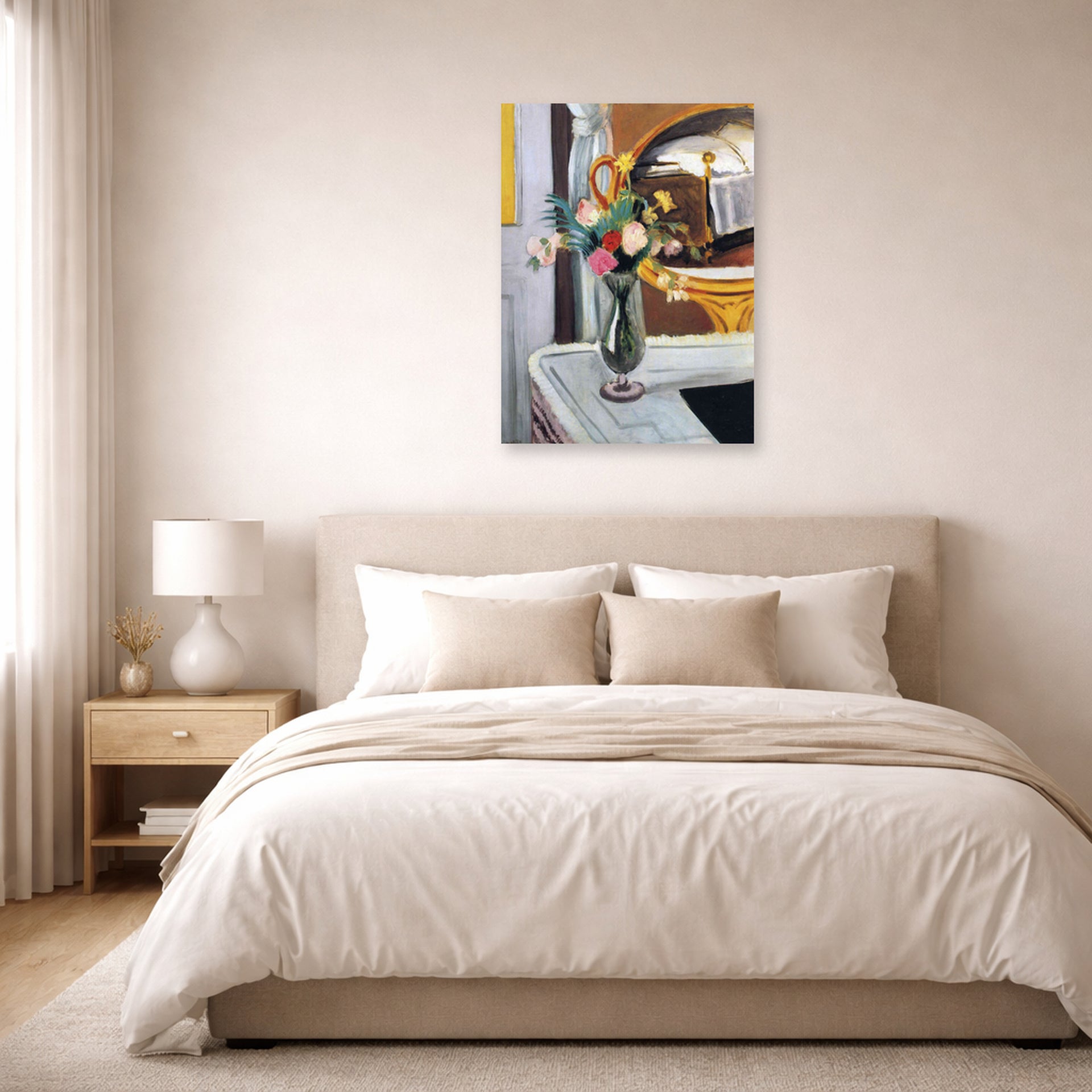 Unframed poster print of Henri Matisse's The Bed in the Mirror displayed above a bed in a bedroom