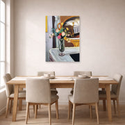 Unframed poster print of Henri Matisse's The Bed in the Mirror displayed on a dining room wall