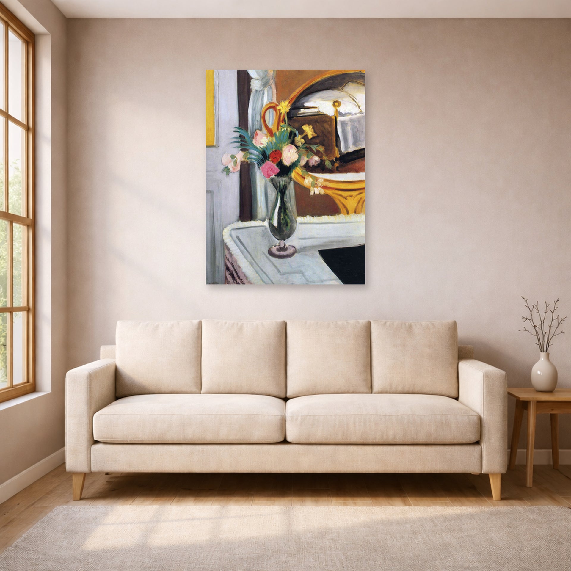 Unframed poster print of Henri Matisse's The Bed in the Mirror displayed in a living room, view 1