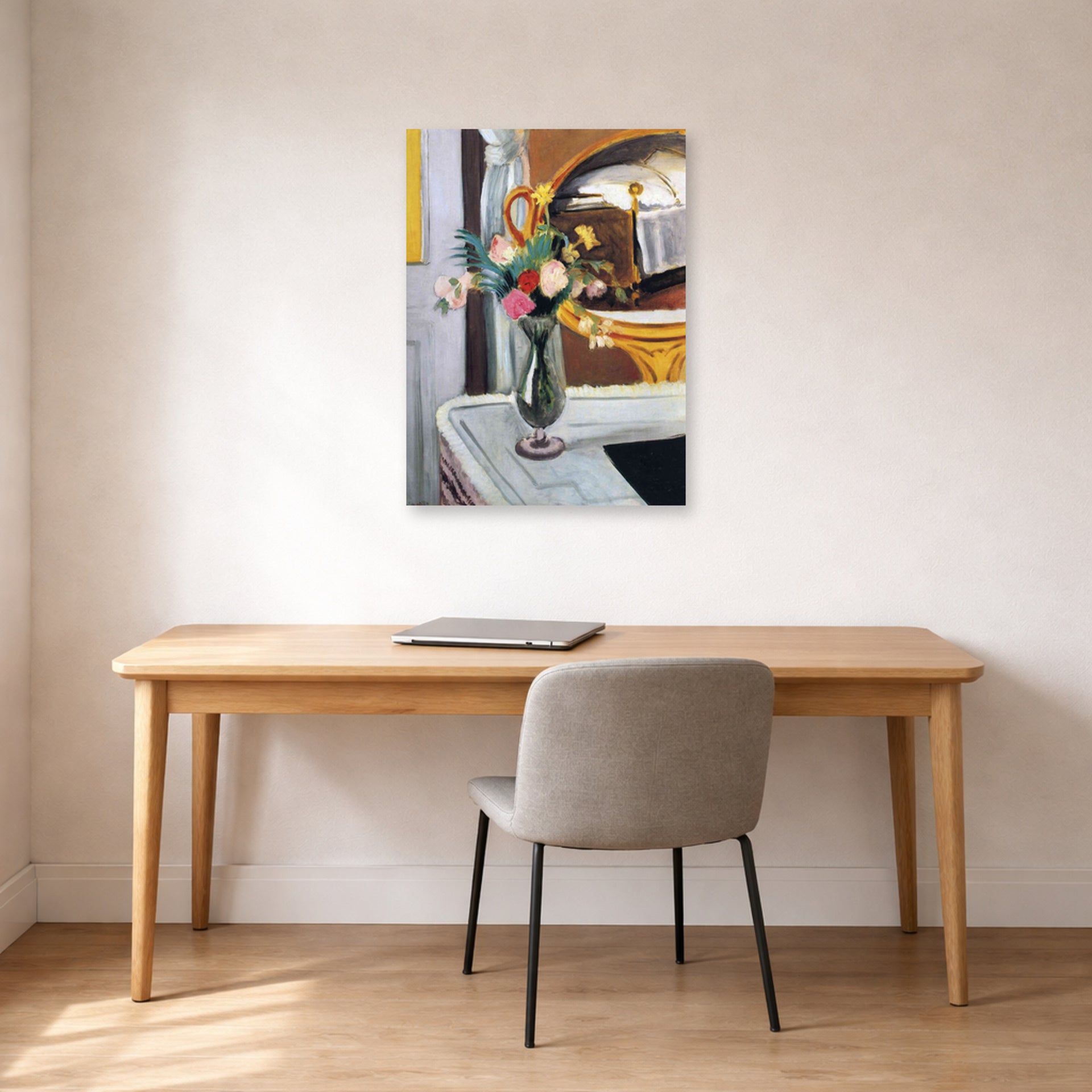 Unframed poster print of Henri Matisse's The Bed in the Mirror displayed in a home office