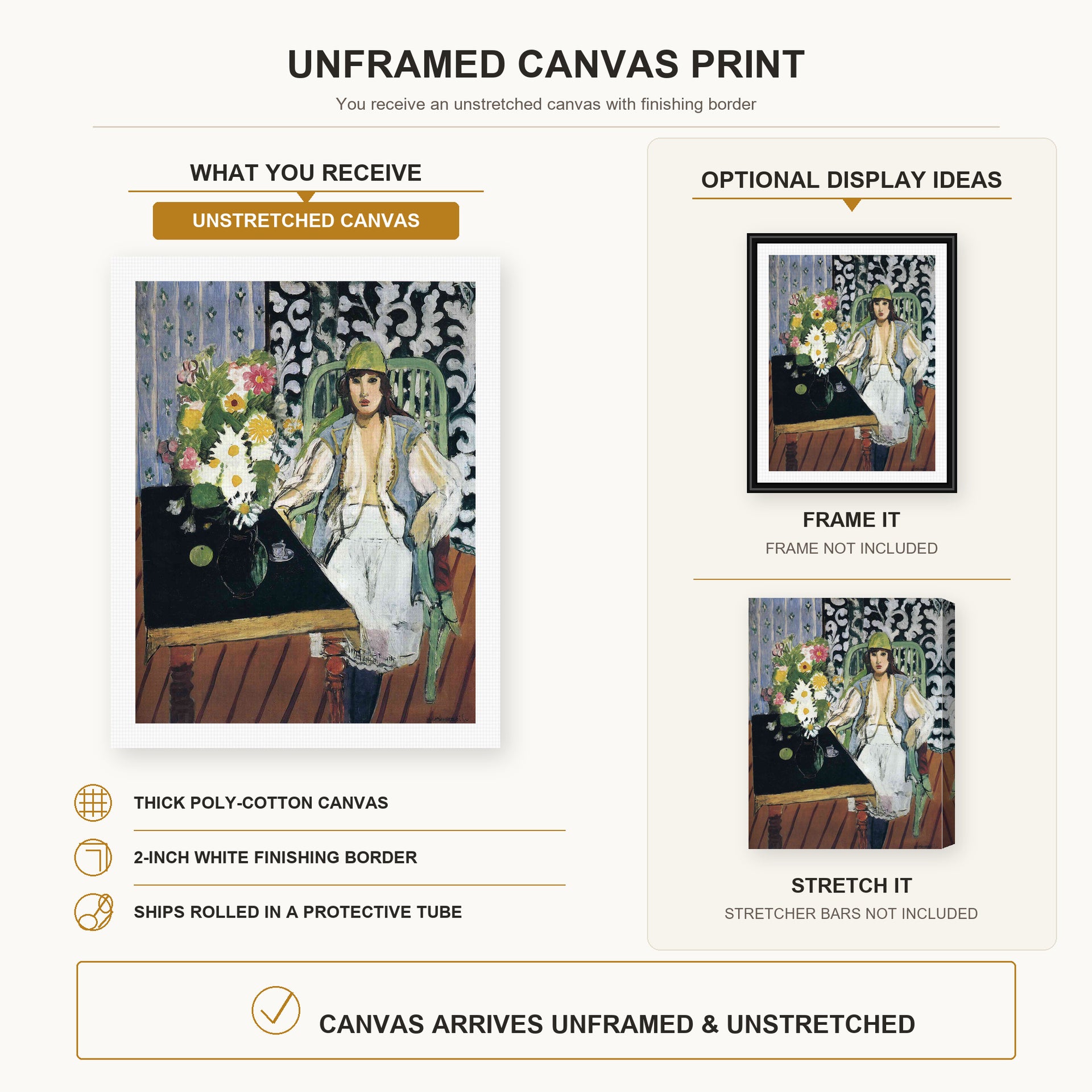 Henri Matisse - The Black Table canvas print size comparison and framing display infographic