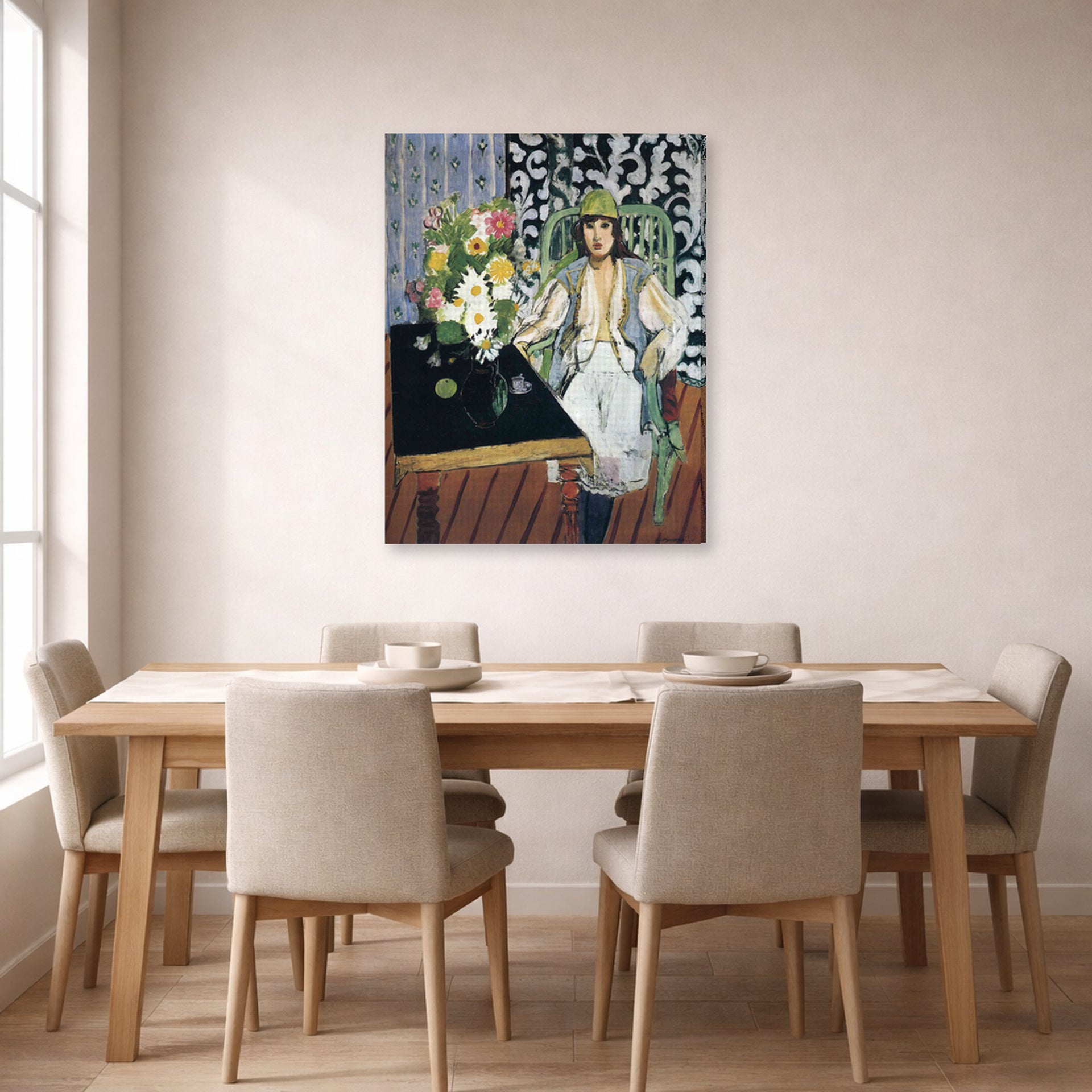 Gallery-wrapped canvas print of Henri Matisse's The Black Table hanging on a dining room wall