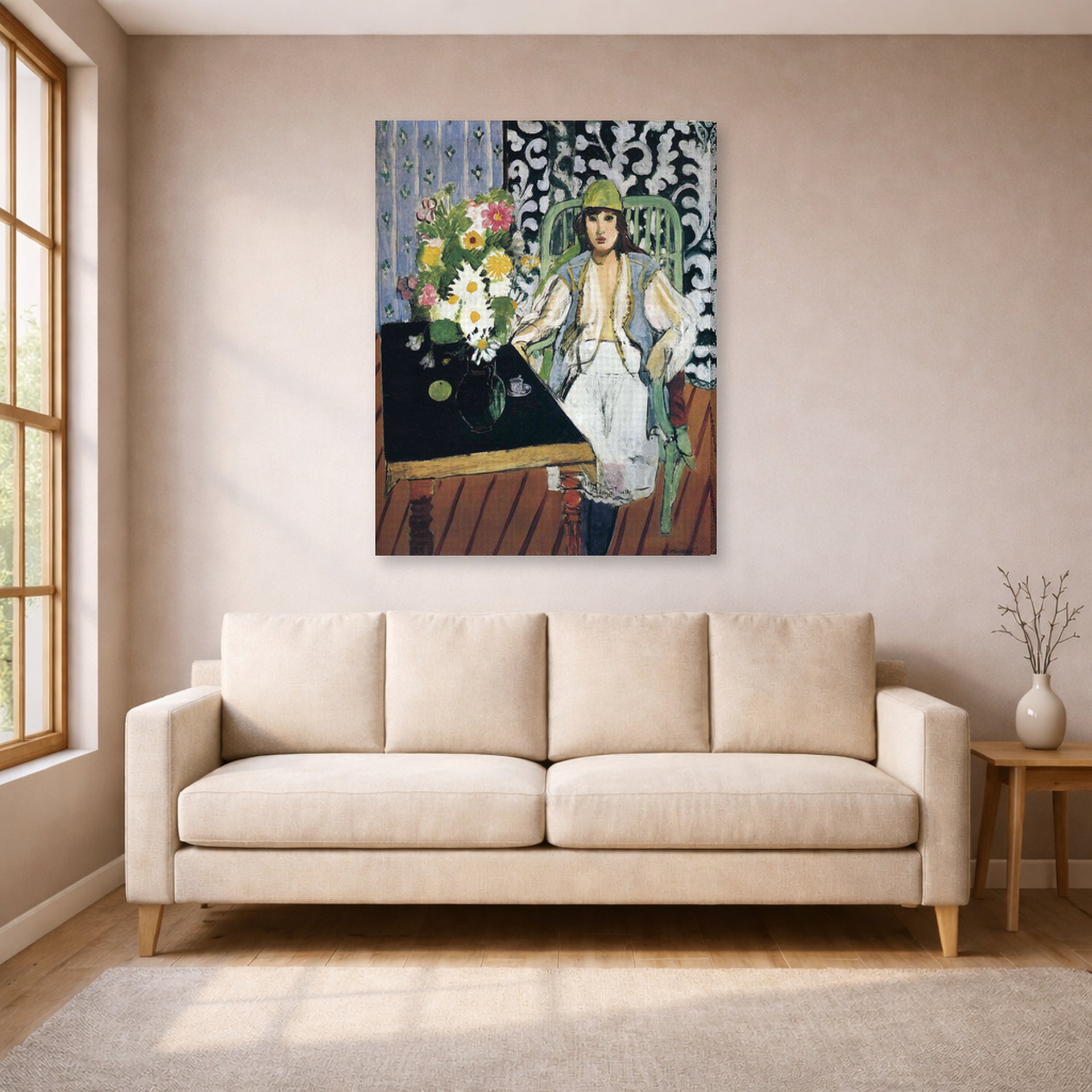 Gallery-wrapped canvas print of Henri Matisse's The Black Table hanging in a living room, view 1