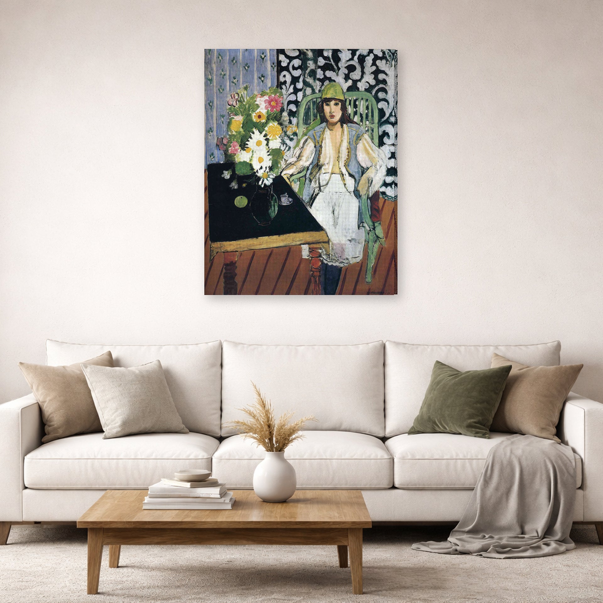 Gallery-wrapped canvas print of Henri Matisse's The Black Table hanging in a living room, view 2
