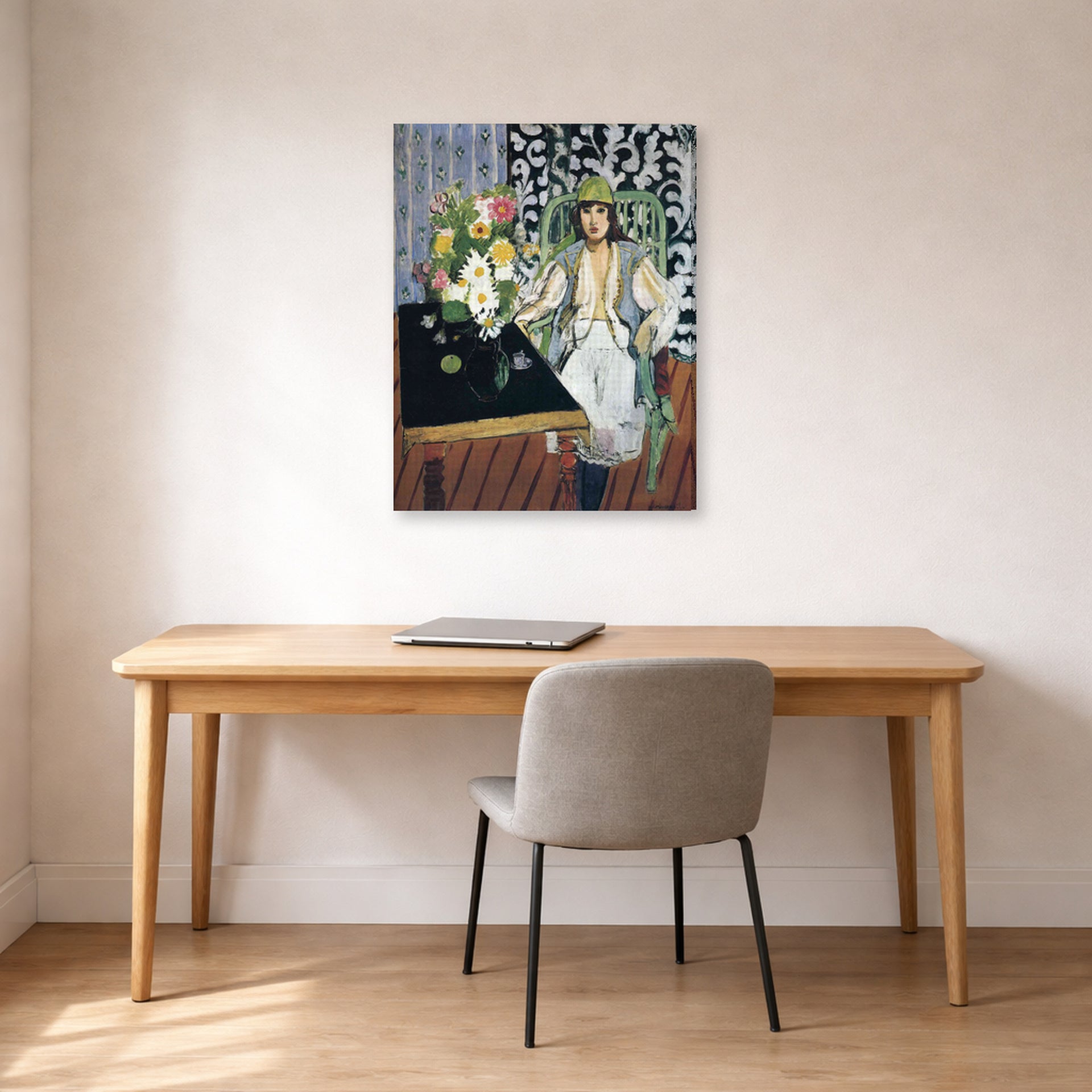 Gallery-wrapped canvas print of Henri Matisse's The Black Table hanging in a home office