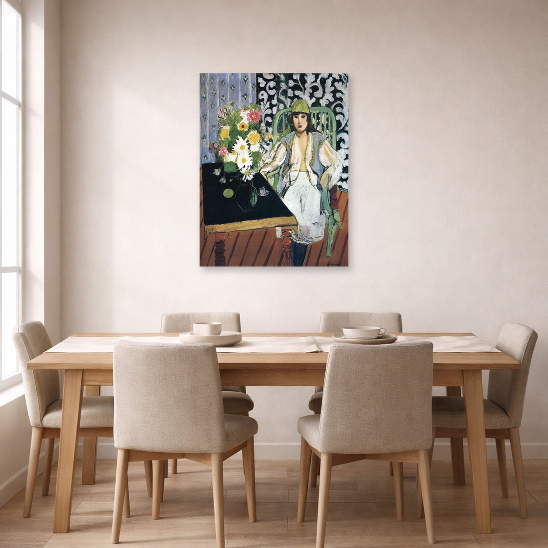 Unframed poster print of Henri Matisse's The Black Table displayed on a dining room wall