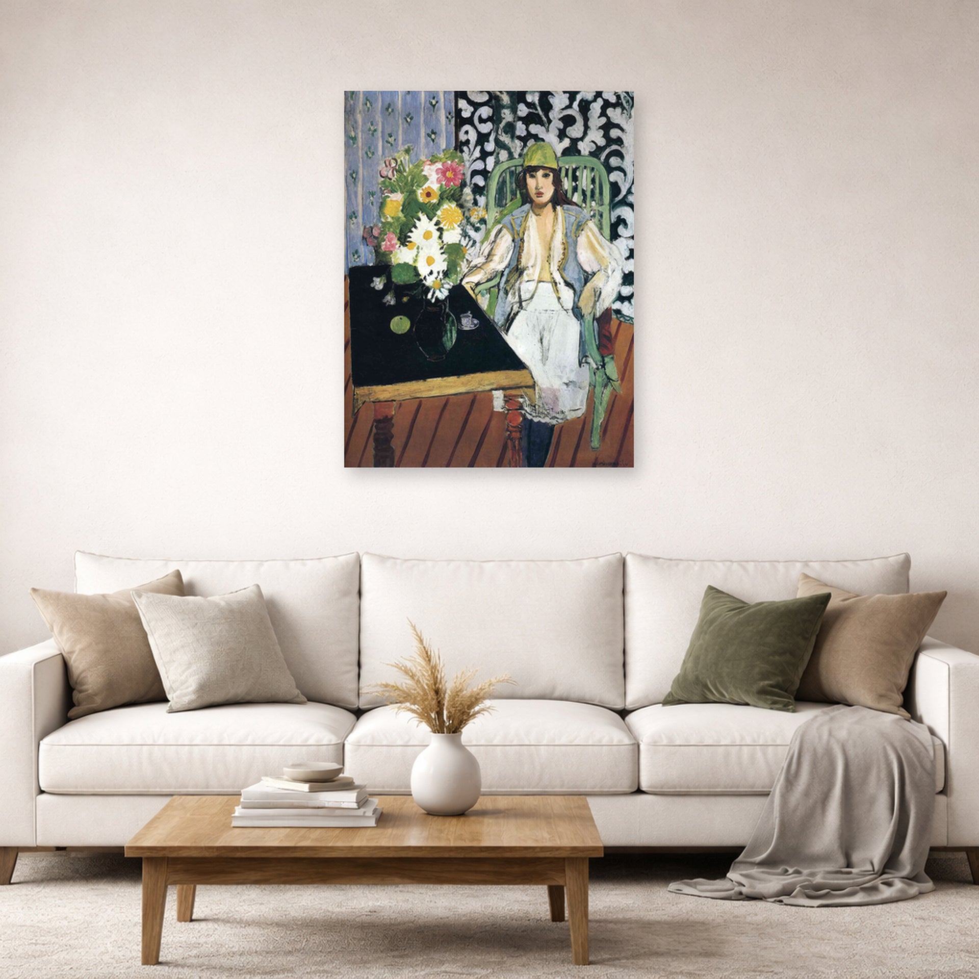 Unframed poster print of Henri Matisse's The Black Table displayed in a living room, view 2