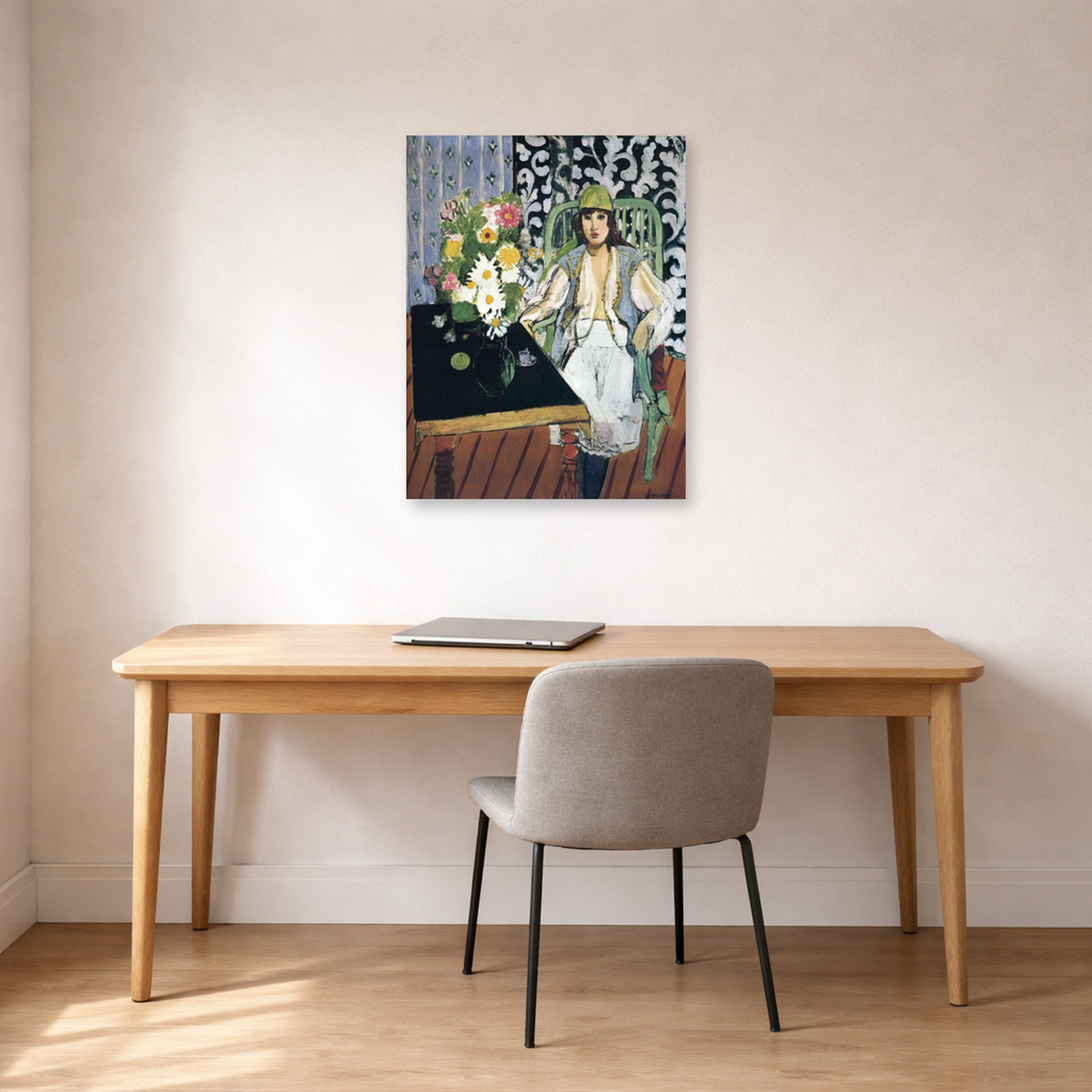 Unframed poster print of Henri Matisse's The Black Table displayed in a home office