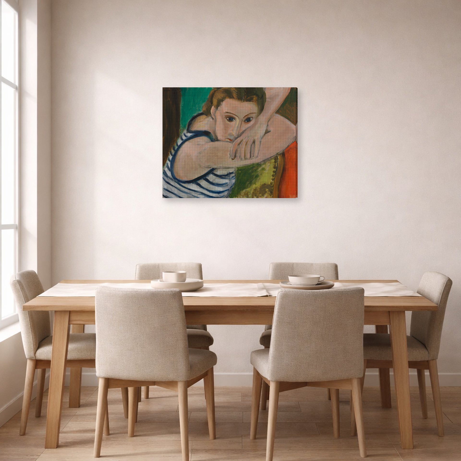 Gallery-wrapped canvas print of Henri Matisse's The Blue Eyes hanging on a dining room wall