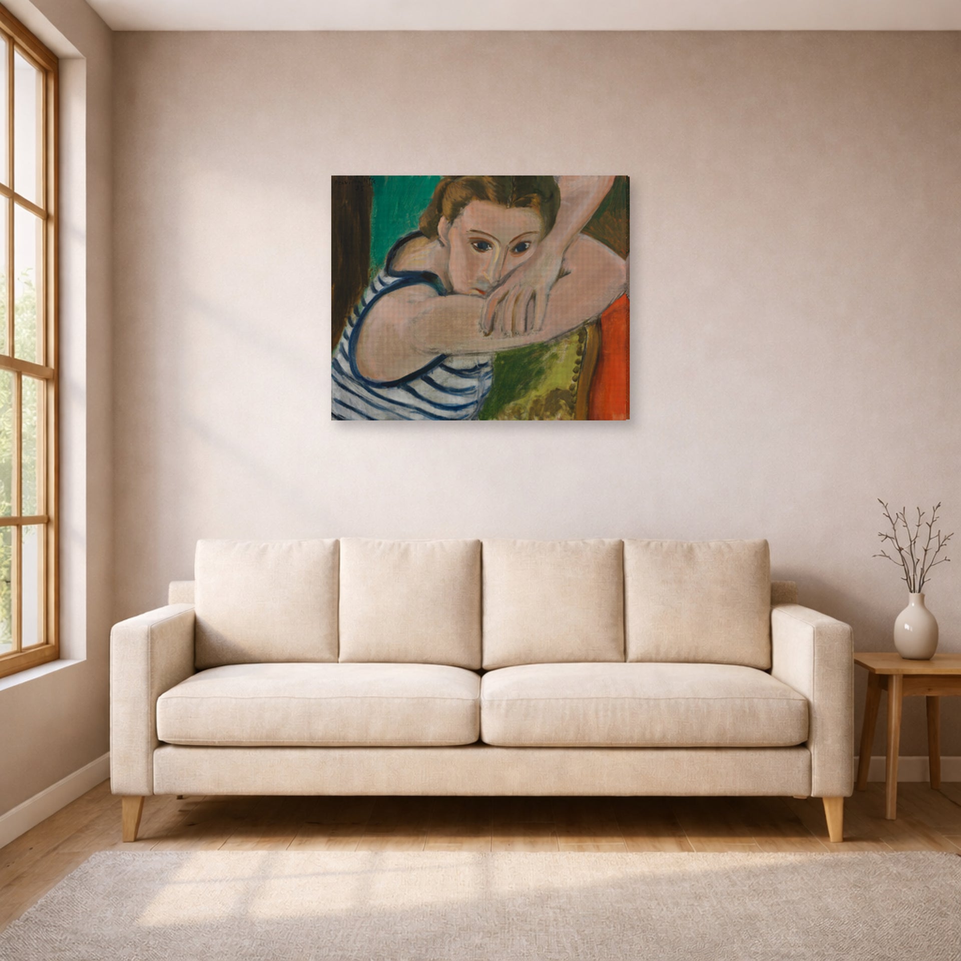 Gallery-wrapped canvas print of Henri Matisse's The Blue Eyes hanging in a living room, view 1