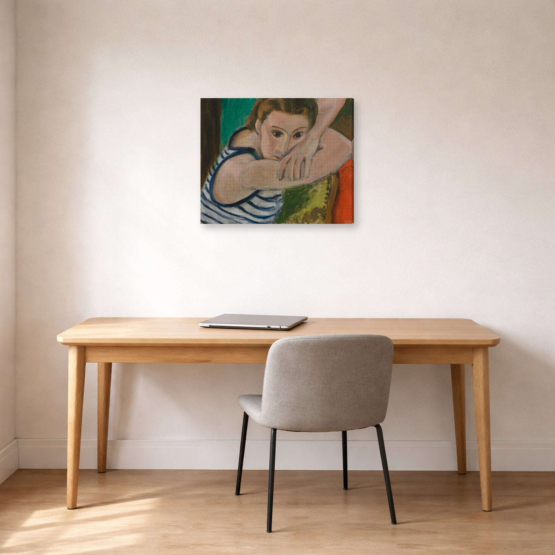 Gallery-wrapped canvas print of Henri Matisse's The Blue Eyes hanging in a home office