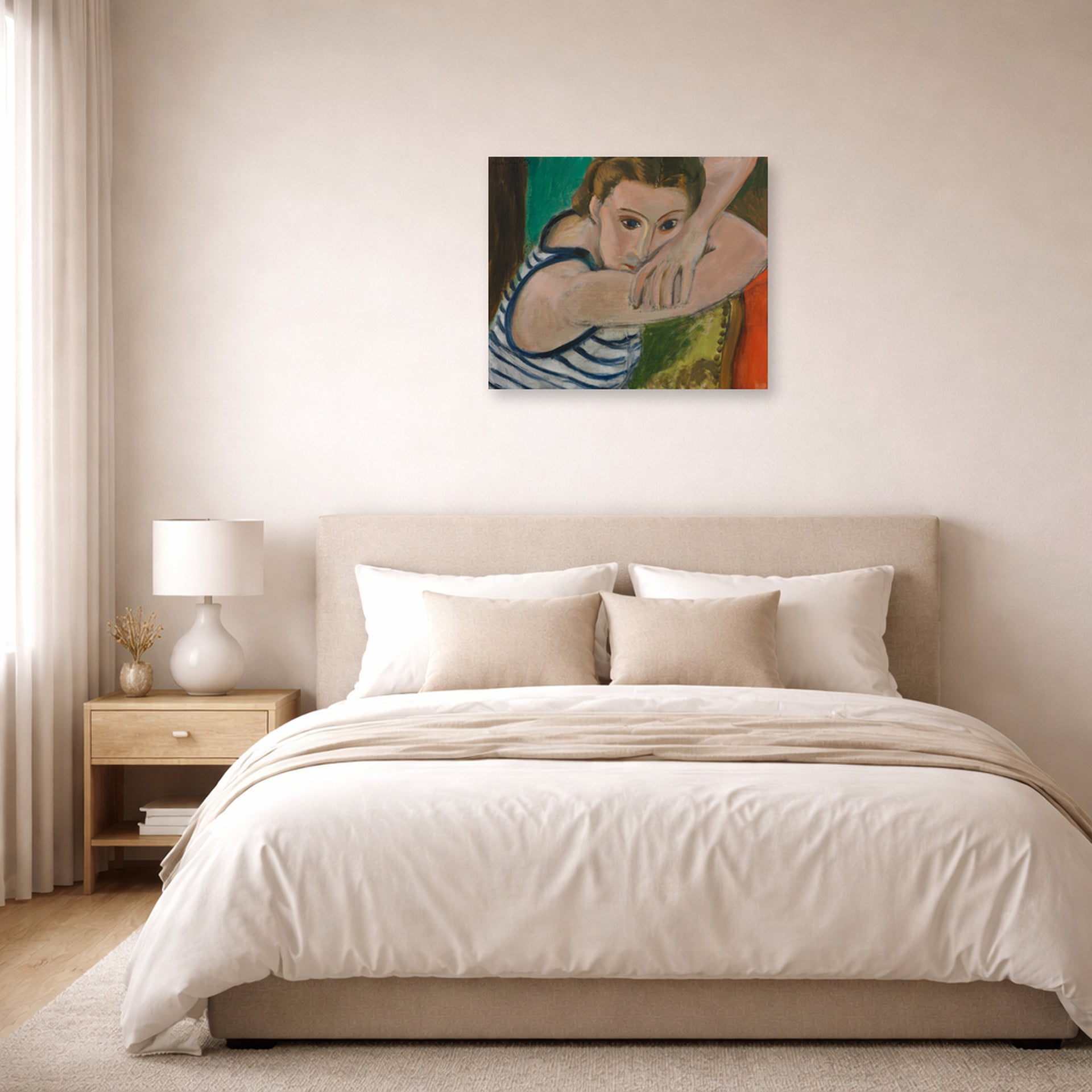 Unframed poster print of Henri Matisse's The Blue Eyes displayed above a bed in a bedroom