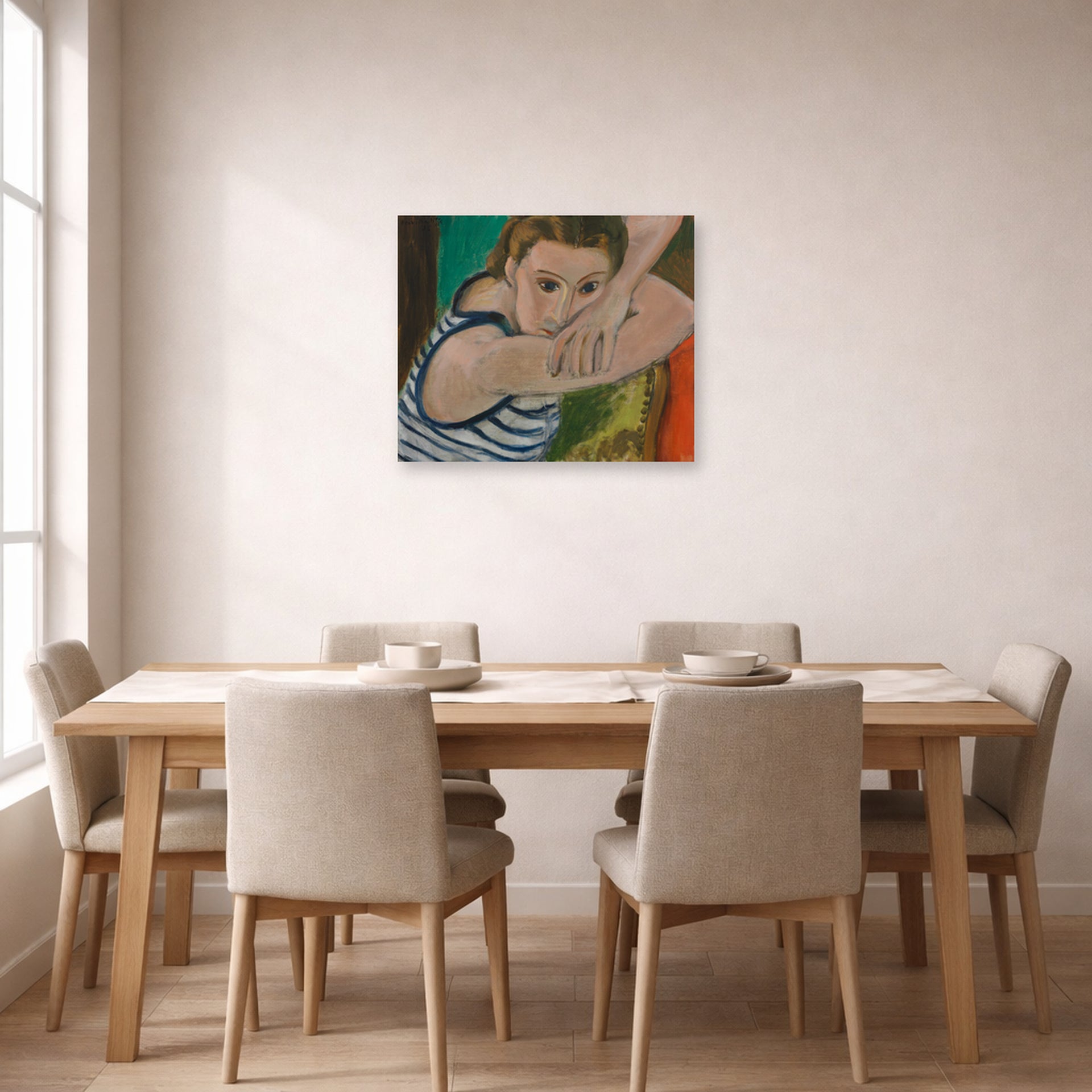 Unframed poster print of Henri Matisse's The Blue Eyes displayed on a dining room wall