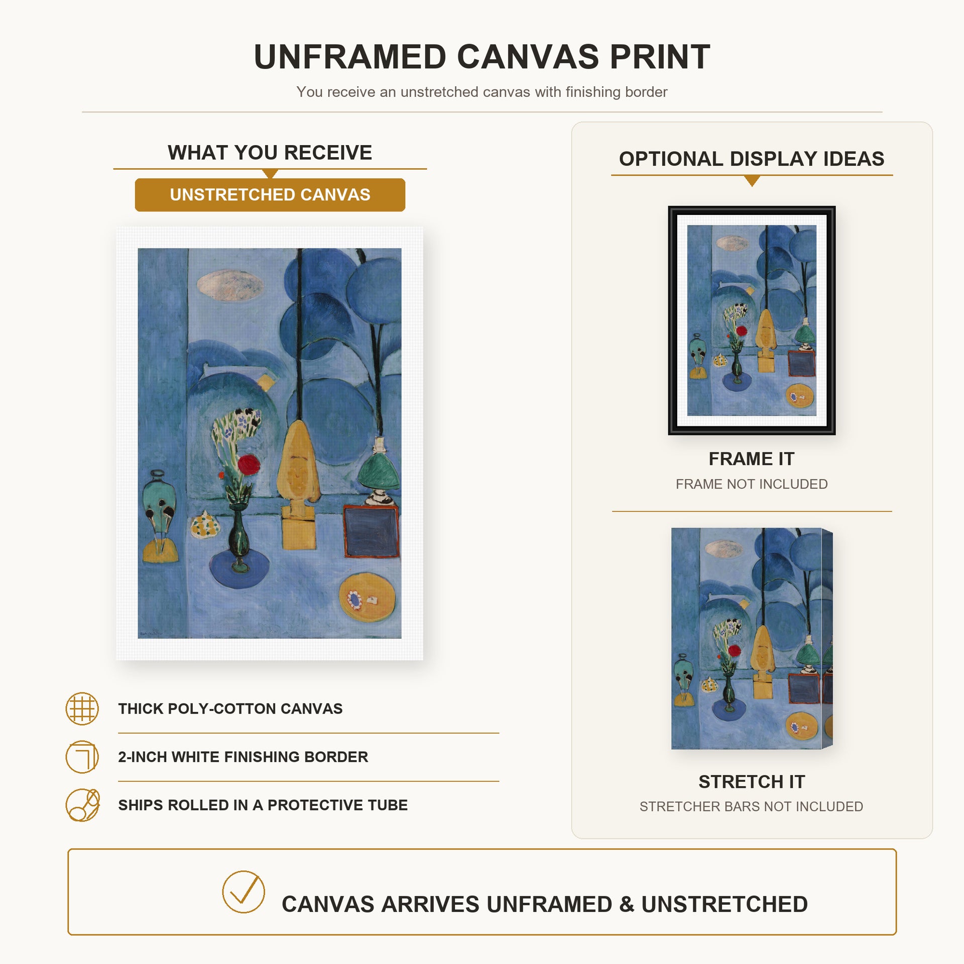 Henri Matisse - The Blue Window canvas print size comparison and framing display infographic
