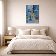 Gallery-wrapped canvas print of Henri Matisse's The Blue Window hanging above a bed in a bedroom