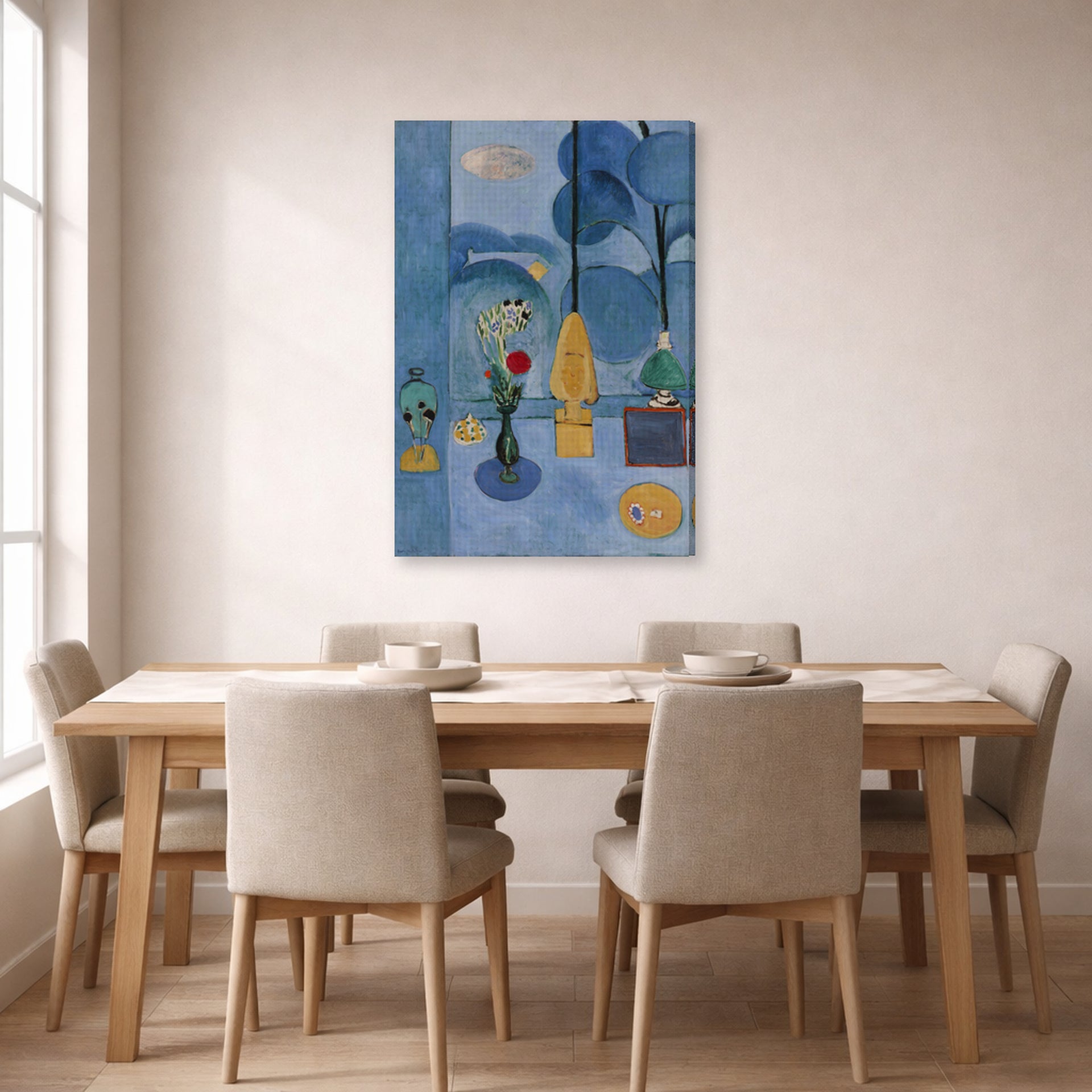Gallery-wrapped canvas print of Henri Matisse's The Blue Window hanging on a dining room wall