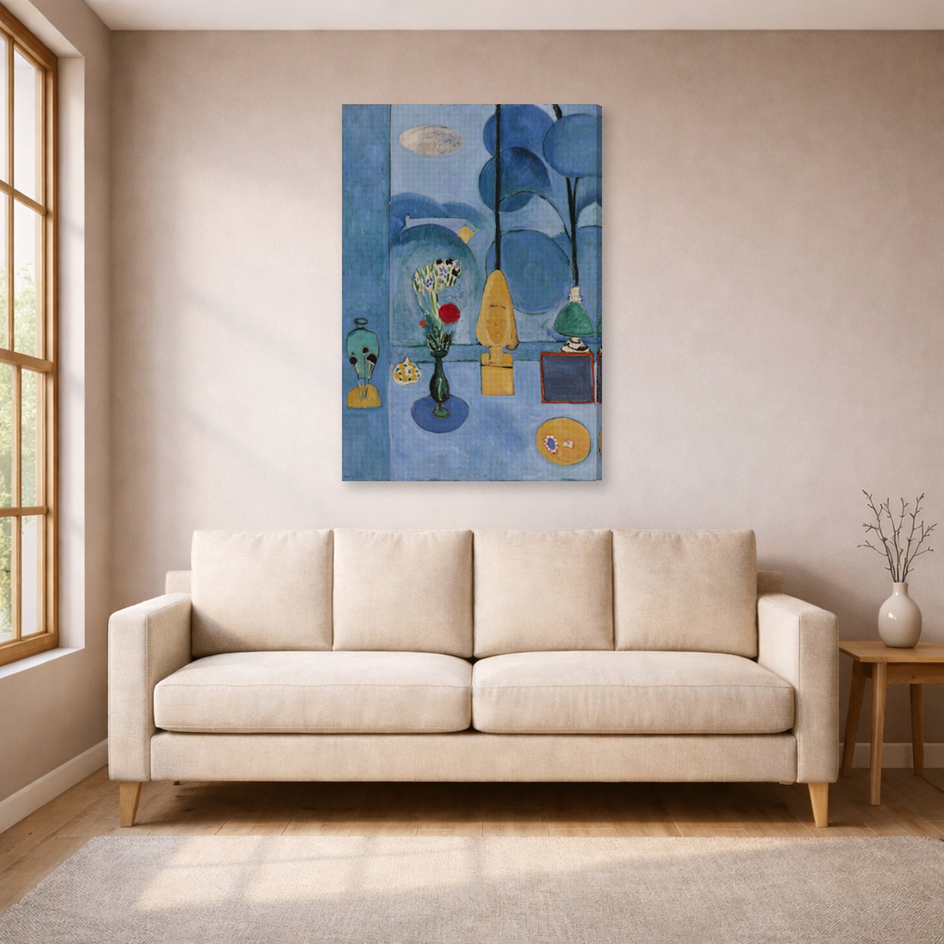 Gallery-wrapped canvas print of Henri Matisse's The Blue Window hanging in a living room, view 1